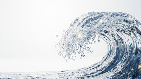 A dynamic wave of crystal-clear water curls and breaks, filled with numerous tiny, bright golden sparkles that resemble captured light or tiny stars. The water is rendered with transparency, allowing light to refract and reflect through its form, creating a sense of depth and brilliance. Droplets and splashes add to the realism and energy of the wave. The clean white background isolates the wave, highlighting its purity, movement, and the magical of the embedded lights.の素材
