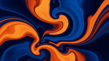 This abstract a dynamic swirling pattern created by the intermingling of vibrant orange and deep blue colors. The fluid forms create a sense of movement and energy, with smooth transitions between the hues. The dark background enhances the intensity of the colors, making the swirling shapes appear to glow. The overall impression is one of organic flow and artistic expression, modern applications.の素材