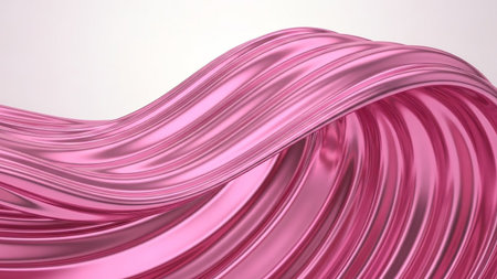 A close-up view of a smooth, flowing metallic pink ribbon. The exhibits a lustrous sheen with distinct highlights and subtle shadows that emphasize its fluid, wave-like form. The surface is characterized by fine, parallel lines that create a sense of depth and texture, suggesting a brushed metal or polished silk. The overall impression is one of elegance and sophistication, with the soft pink hue and gentle curves creating a visually pleasing and abstract composition. The background is a...の素材