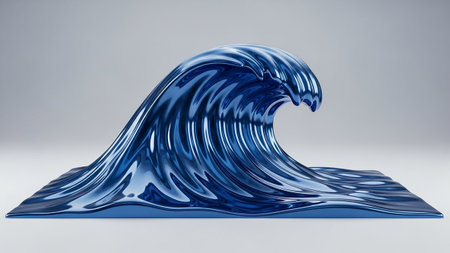 showcases a stylized sculpture of a breaking ocean wave, rendered in a lustrous metallic blue. The form is smooth and fluid, with the crest of the wave elegantly curling. Its highly reflective surface captures light, creating a polished and almost liquid appearance. The sculpture sits on a plain surface against a subtle gradient background, highlighting its modern artistic and the dynamic essence of a powerful wave.の素材