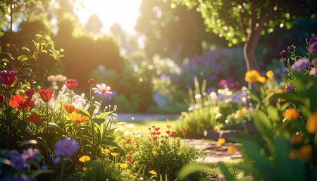 Beautiful spring garden with blooming flowers on a sunny day.の素材