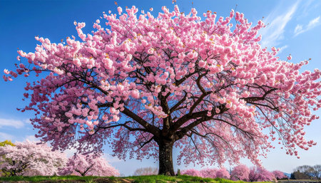 cherry blossom tree in spring time with blue sky background.の素材