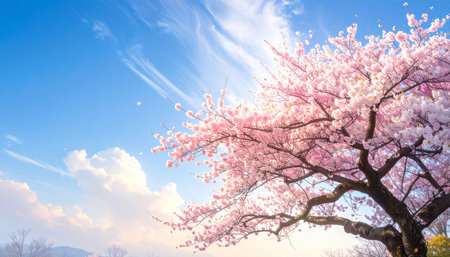 Cherry blossoms in full bloom over blue sky background with cloudsの素材