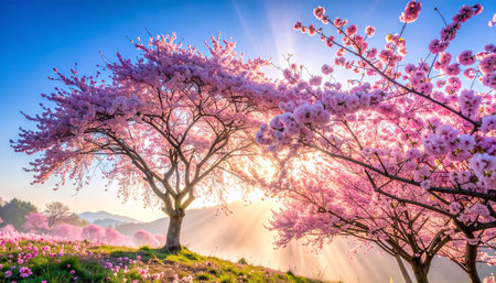 Beautiful cherry blossom tree in spring time with sun rays.の素材