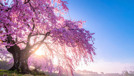 Cherry blossom tree in spring season with blue sky background.の素材
