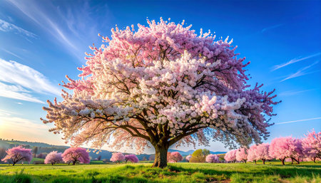 Beautiful cherry blossoms blooming in spring at sunset. Spring landscape.の素材