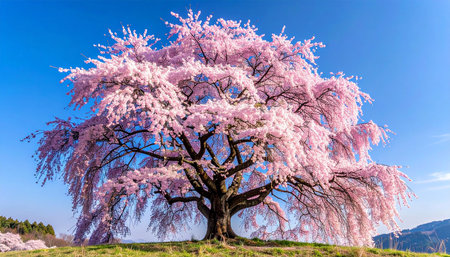 Cherry blossoms in full bloom on a hillside in springの素材