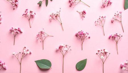 Beautiful gypsophila flowers on color background, flat layの素材