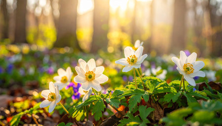 White wood anemone (Anemone nemorosa) blooming in the forest at sunriseの素材