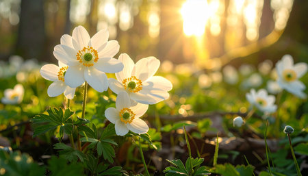 Anemone nemorosa (Anemone nemorosa) in the forest at sunsetの素材