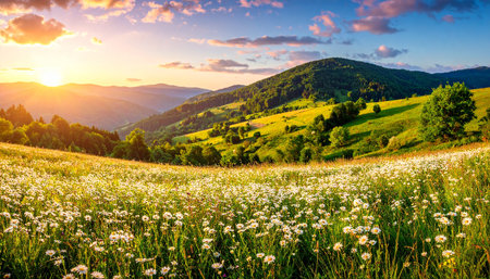 Meadow with daisies in the Carpathian mountains at sunsetの素材