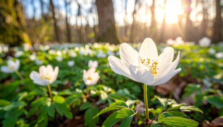 White anemone flowers in the forest on a sunny spring day.の素材