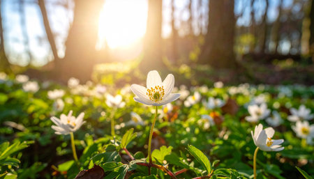Beautiful white wood anemone flowers in the forest at sunsetの素材