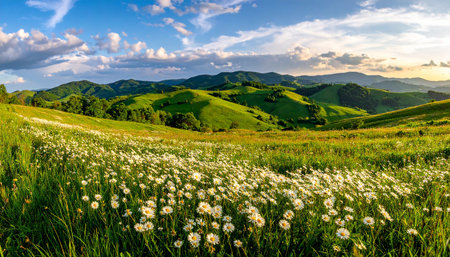 Meadow with daisies at sunset, Carpathian mountains, Ukraineの素材