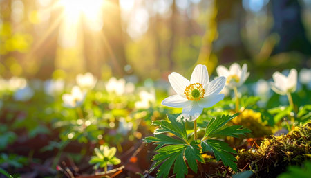 White wood anemone (Anemone nemorosa) blooming in sunny forestの素材