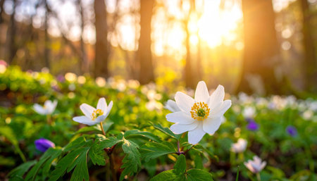 Beautiful white anemone flowers blooming in the forest at sunsetの素材