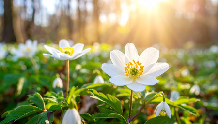 White wood anemone (Anemone nemorosa) flowers blooming in the forest at sunsetの素材