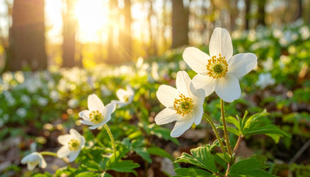 White wood anemone flowers blooming in the forest at sunsetの素材