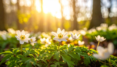 Anemone nemorosa (Anemone nemorosa) in the forest at sunset.の素材
