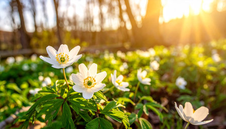 Beautiful white spring flowers Anemone nemorosa in sunlightの素材