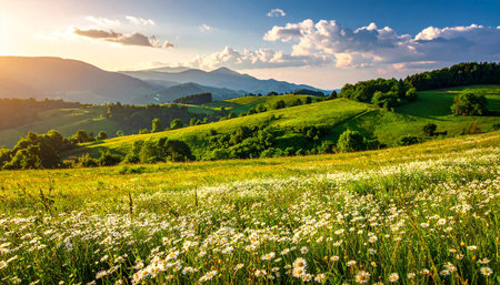 Meadow with daisies and mountains in the background at sunsetの素材