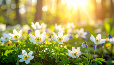 Beautiful blooming wood anemone (Anemone nemorosa) flowers in spring forestの素材