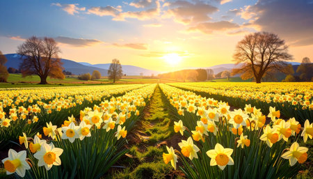 Daffodil field at sunrise. Beautiful spring landscape with daffodils.の素材