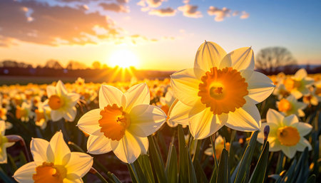 Sunset over daffodils in a field in springtimeの素材