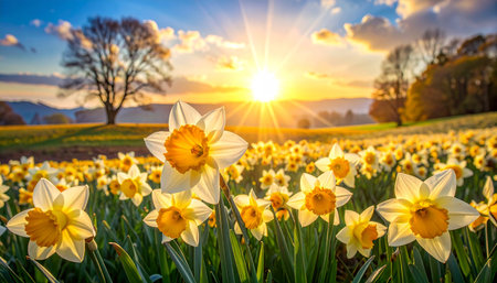 Daffodils in a field at sunset in spring, Germanyの素材