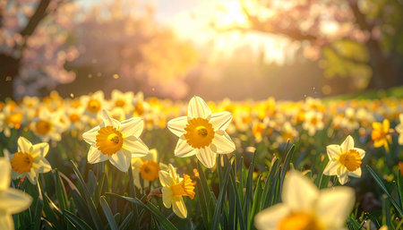 Daffodils in the garden at sunset. Spring landscape.の素材