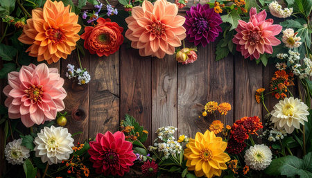 Colorful autumn flowers on rustic wooden background, top view.の素材