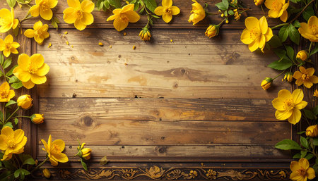 Yellow flowers on a wooden background. Place for text. Top view.の素材