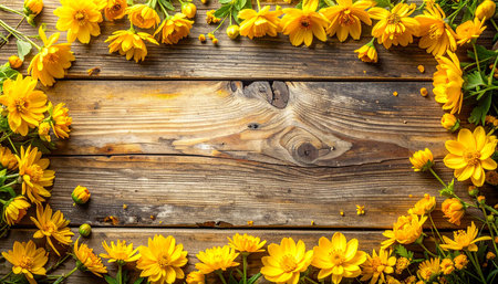 Yellow flowers on rustic wooden background with copy space. Top viewの素材