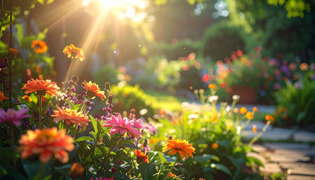 colorful flowers in the garden with sun rays and bokehの素材