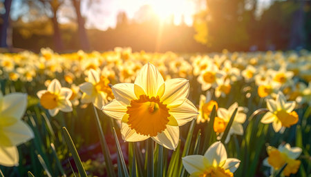 Daffodils in the park at sunrise. Spring landscape.の素材