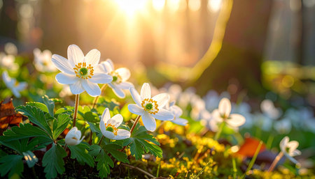 Blooming wood anemone (Anemone nemorosa) flowers in the forest at sunsetの素材