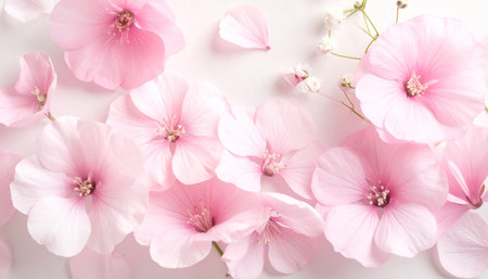 Pink hibiscus flowers and gypsophila on white backgroundの素材