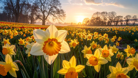 Daffodils in a dutch field at sunrise in springの素材