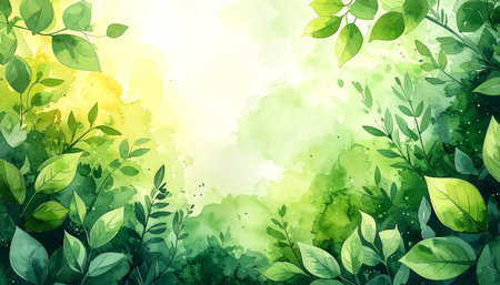 Watercolor background with green leaves and sun. Hand drawn illustration.の素材