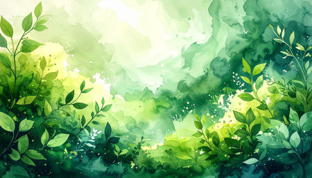 Watercolor background with green leaves. Vector illustration for your design.の素材