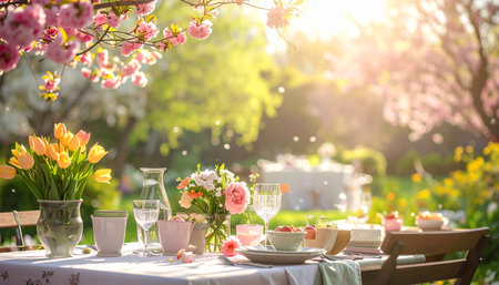 Table set for a picnic in the garden with flowers and tableclothの素材