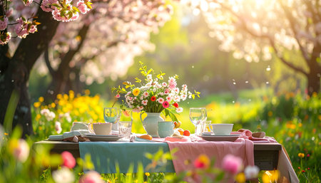 Table set for two in a blooming garden on a spring dayの素材