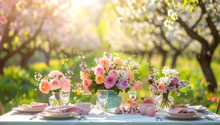 Table setting in the garden. Spring flowers in a vase.の素材