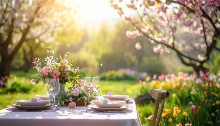 Easter table setting with flowers and eggs in the garden in springの素材