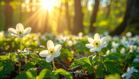 White anemone flowers blooming in the forest at sunset.の素材