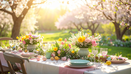 Easter table setting with spring flowers and pastel colored eggs on wooden tableの素材
