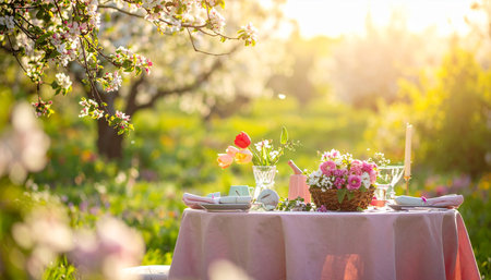 Table setting for an Easter dinner in the garden with spring flowers.の素材
