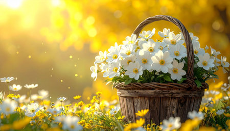 Basket with white primroses on a background of yellow flowersの素材