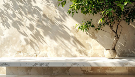 Empty white marble table with plant shadow on wall. For product displayの素材