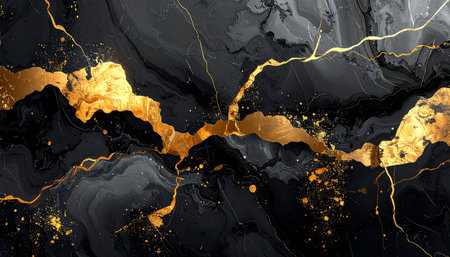 Black gold marble texture with golden veins. Abstract background for design.の素材